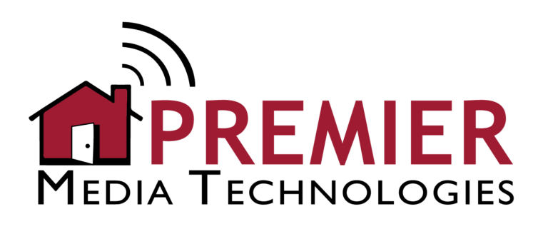 Premier Media Logo with company name and illustration of a red house with IOT signals
